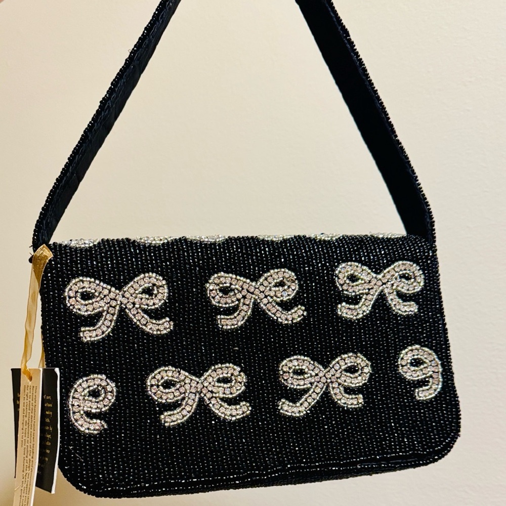 NWT From India To You Beaded Black & Silver Bow Shoulder Bag, Viral TikTok - Picture 2 of 8